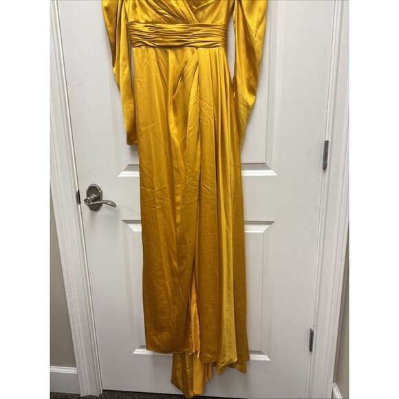 New Mac Duggal Size 6 Yellow 12404 Long Sleeve Satin Formal Cocktail Gown Dress - Picture 6 of 11